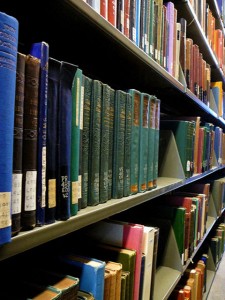 shelves of library books